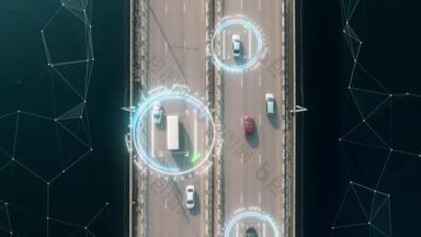 4k 鸟图自驾游自动驾驶仪汽车在高速公路上行驶, 有技术跟踪, 显示速度和谁在控制汽车。视觉效果剪辑拍摄.